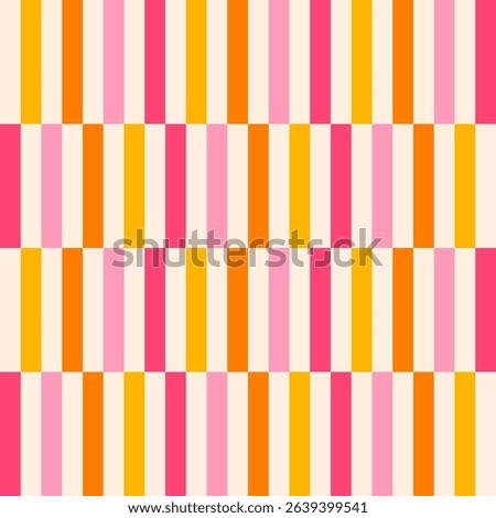 Broken vertical stripes in bright pink, , yellow and orange colours on a light background.	