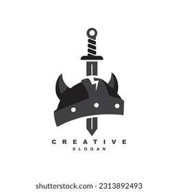 Broken Viking helmet with medieval sword logo design for your brand or business