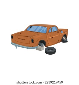 Broken vintage car vector illustration. Cartoon drawings of damaged or abandoned rusty old automobile with flat tire isolated on white background. Car repair service concept