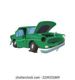 Ilustración vectorial de coche vintage rota. Dibujo de un automóvil viejo deteriorado o abandonado y oxidado con neumático plano aislado sobre fondo blanco. concepto de servicio de reparación de automóviles