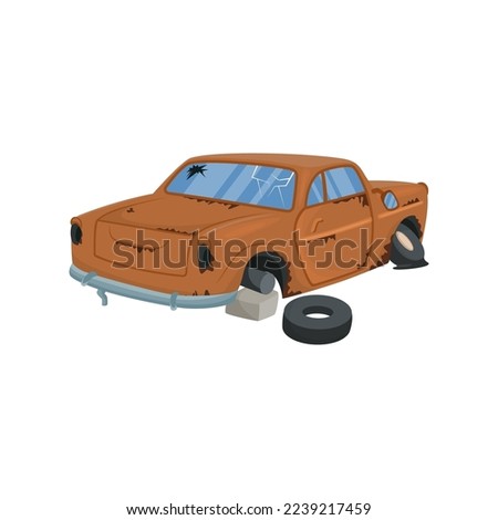 Broken vintage car vector illustration. Cartoon drawings of damaged or abandoned rusty old automobile with flat tire isolated on white background. Car repair service concept
