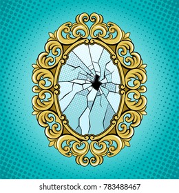 Broken vintage mirror pop art retro vector illustration. Comic book style imitation.