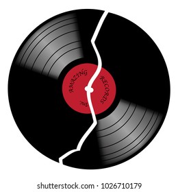 A broken vinyl record with red label isolated on a white background