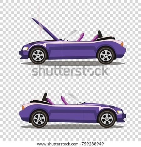 Broken violet cabriolet sport cartoon car with opened hood covered with  smoke. Car crash before and after. Vector illustration isolated on transparent background. Clip art.