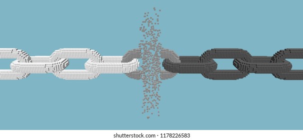 Broken voxel chain. Blockchain concept. 3d Vector illustration.