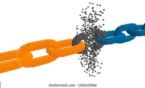 Broken voxel chain. Blockchain concept. Isolated on white background. 3d Vector illustration.