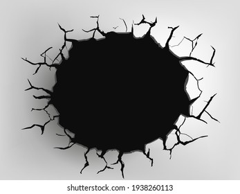 Broken wall with a black hole and cracks. Template for the background. Vector illustration