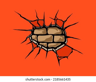 Broken wall with a crack. Comics cartoon style. Hand drawn vector illustration