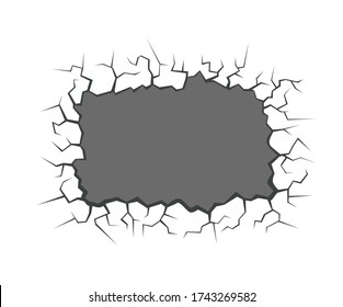 Broken wall. Cracked hole in the shape of rectangle. Empty space for text. Vector illustration of  cleft in cartoon flat style. Frame, border.