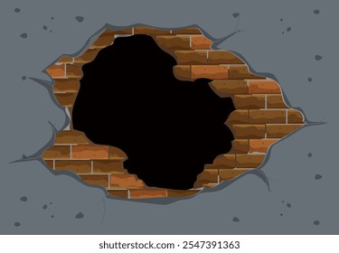 A broken wall with exposed bricks and hole