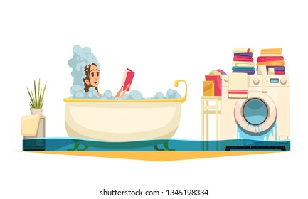 Broken washing machine bathroom flooding   emergency cartoon composition with taking bath woman need plumber help vector illustration