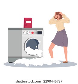 Broken washing machine. Bubble and foam come out of washing machine due to it's broken or using wrong type of washing soap.