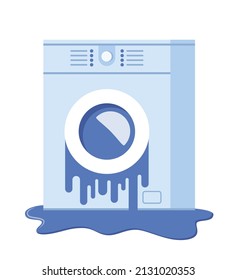 Broken Washing Machine. Damaged Washer With Water Flowing On Floor, Need Repair. Vector Illustration