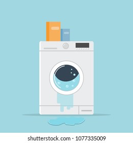 Broken washing machine. Flat vector style. Failure of the washing machine, repair. Warranty service.