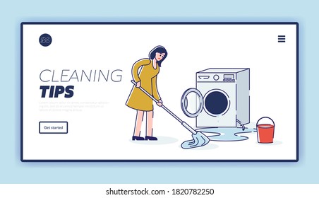 Broken washing machine flood cleaning landing page template for website with woman mopping water after broken washer. Cartoon linear vector illustration
