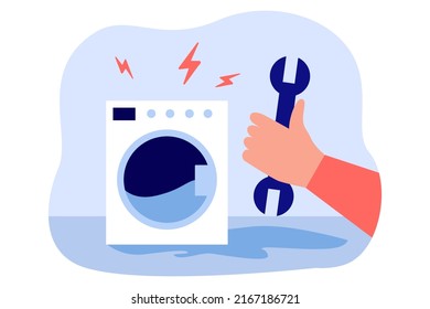 Broken washing machine and hand with wrench. Repairman fixing household appliances flat vector illustration. Occupation, maintenance, service concept for banner, website design or landing web page