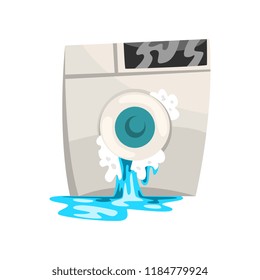 Broken washing machine with leaking water, damaged home appliance cartoon vector Illustration on a white background