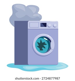 Broken washing machine is leaking water and emitting smoke, requiring urgent repair by a technician