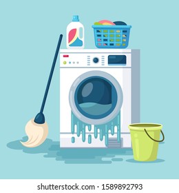 Broken washing machine with mop, bucket of water isolated on background. Damaged washer with flowing water on floor. Electronic laundry equipment for housekeeping need repair. Vector cartoon design