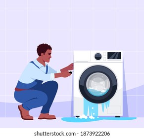 Broken washing machine and professional repairman semi flat vector illustration. Electricity problems. Floored bathroom. Common household accidents 2D chartoon character for commercial use