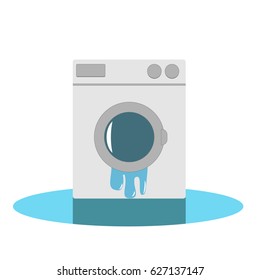 Broken washing machine in a puddle isolated