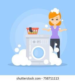 Broken washing machine and sad confused woman.