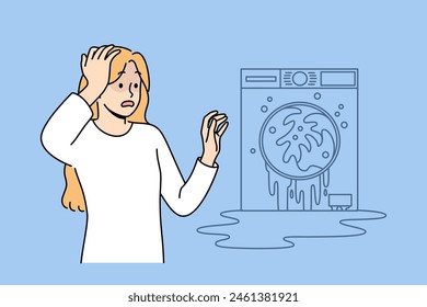 Broken washing machine shocks housewife who needs help of household appliance repairman. Breakdown of washing machine and flood in apartment are caused by lack of maintenance and clogged pipes