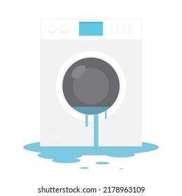 Broken washing machine vector. Washing machine on white background. Water leak.