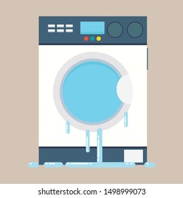 Broken washing machine. Washing machine vector. water leak. free space for text. copy space.