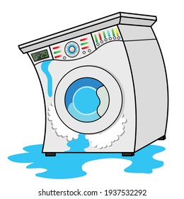 Broken washing machine with water on floor. Calling the master. Vector illustration.