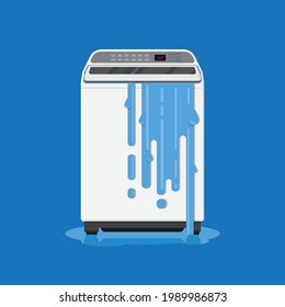 Broken washing machine with water on floor vector illustration.