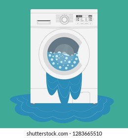 Broken washing machine from which water flows. Calling the master