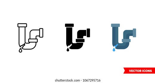 Broken water pipe icon of 3 types: color, black and white, outline. Isolated vector sign symbol.