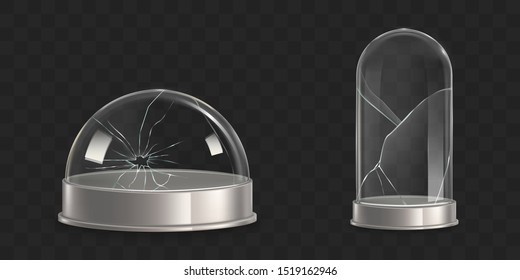 Broken waterglobe, cracked empty, glass dome, damaged bell jar 3d realistic vector isolated on transparent background. Shattered museum exhibit dust cover, crushed store showcase illustrations set