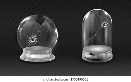 Broken waterglobe, cracked empty,  glass bell jar realistic vector illustration.