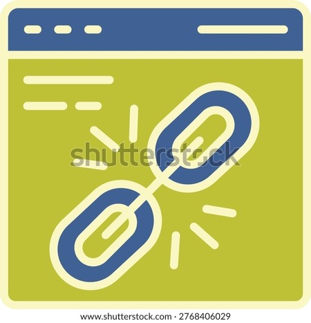 Broken web link icon vector showing disconnected chain inside a browser window, representing URL error, hyperlink failure, website connection problem, and internet navigation issues in digital interfaces.