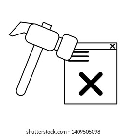 broken website with hammer icon cartoon vector illustration graphic design black and white