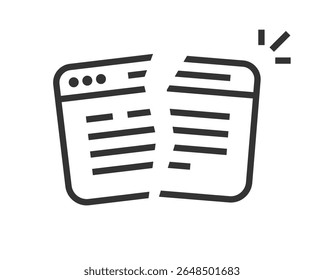 Sítio Web quebrado link ícone linha traço gráfico simples, esmagado hackeado site web página contorno fino sinal linear símbolo pictograma, indisponível 404 página não encontrado imagem clip art