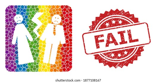 Icono de collage de bodas rotas con manchas de círculo de diferentes tamaños y tintes de color arcoiris, e impresión de sellos de rosette corroídos por fallas. Una boda rota de color LGBT para lesbianas, gays,