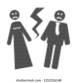 Broken wedding halftone dotted icon. Halftone pattern contains circle elements. Vector illustration of broken wedding icon on a white background.