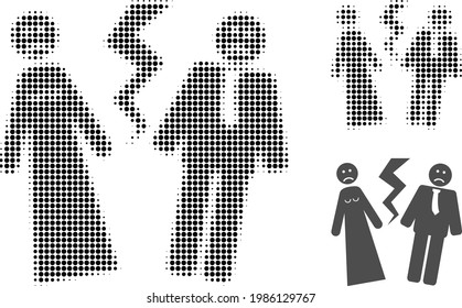 Broken wedding halftone dotted icon. Halftone pattern contains round dots. Vector illustration of broken wedding icon on a white background.