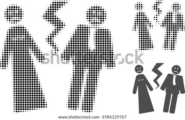 Broken wedding halftone dotted icon. Halftone\
pattern contains round dots. Vector illustration of broken wedding\
icon on a white\
background.
