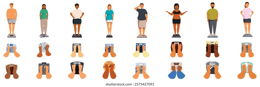 Broken weight scales icons set. Diverse individuals checking their weight on scales, emphasizing health management, weight control, and body positivity