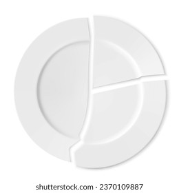 Broken white ceramic plate with shadow isolated on a white background. Realistic 3d vector illustration. Kitchen utensils, dishes, household items, tableware Fragments of glassware
