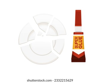 Broken white ceramic plate with super glue ready for repair vector illustration isolated on white background