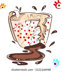 Broken white cup from which flows coffee or tea.