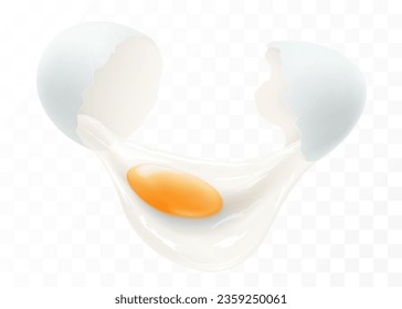 A broken white egg isolated on a transparent background. The protein and yolk flowed out of a broken egg shells close-up. Horizontal illustration of cracked egg. Realistic 3d vector design