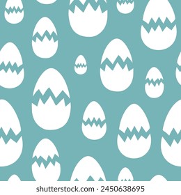 Broken white eggshells varying in size on teal backdrop arranged in vector seamless pattern. Creative minimalist surface art for printing on various materials or use in graphic design projects.