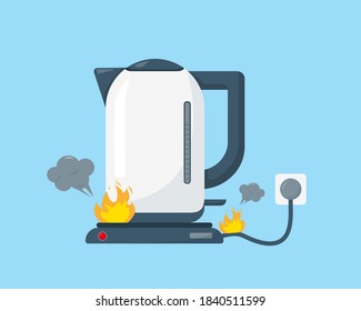 Broken white kettle isolated on blue background. Household appliances with fire and smoke. Vector illustration.