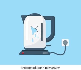 Broken white kettle with leaky water. Vector illustration isolated on blue background.